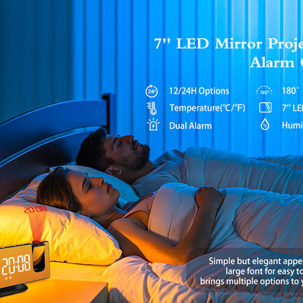 6 in 1 Digital Alarm Clock with 180° Projector FM Radio USB Charger Temperature Humidity Monitor Dual Alarm 7 Inch LED Display