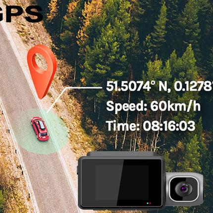GPS device with a road and forest background, showing coordinates and speed.