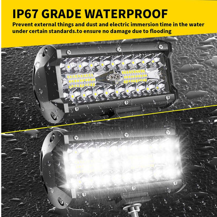 Two LED lights with IP67 grade waterproof text on a wet surface background