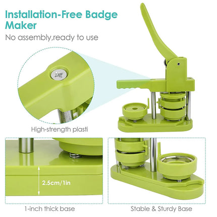 Green badge maker with text highlighting features on a white background