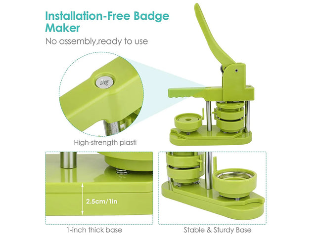 Green badge maker with text highlighting features on a white background