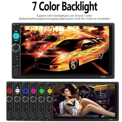 Car multimedia player with 7 color backlight option, displaying car graphics and a woman in a car interior.