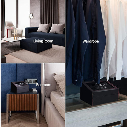 Collage of a living room, wardrobe, and bedroom with labeled furniture.