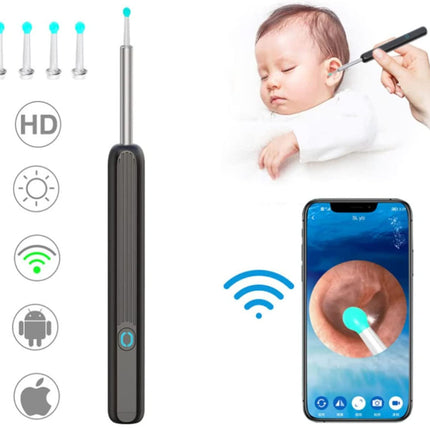 Ear cleaning tool with smartphone app for ear inspection, showing app interface on screen.