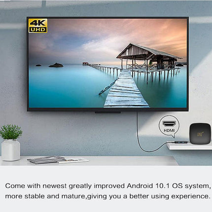 Smart TV displaying a scenic image of a dock with text about Android 10.1 OS system.