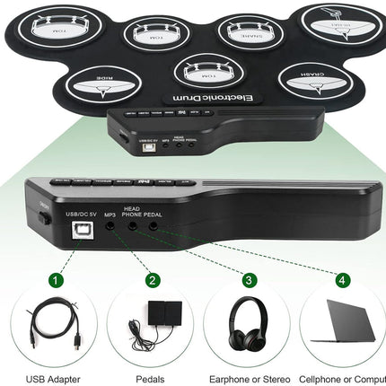 Electronic drum set with USB adapter, pedals, headphones, and computer icons on a white background