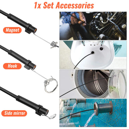 Black flexible inspection tool set with three included accessories: a magnet, a hook, and a side mirror, shown on a white background with orange labels. The right side includes four small inset photos demonstrating use in mechanical, laundry, and pool environments, with the heading '1x Set Accessories' at the top.