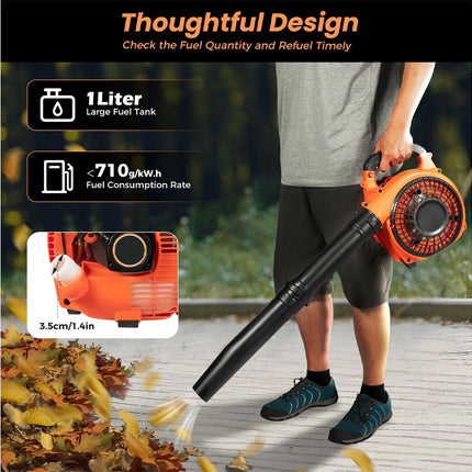 Person using a leaf blower with a focus on its design and features.