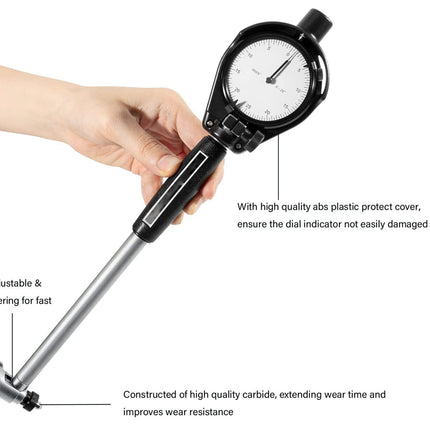 Hand holding a dial indicator with text describing its features on a white background