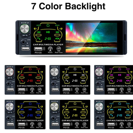 A car multimedia player display shown with the headline '7 Color Backlight' above it. The main large unit at the top has a black bezel, round silver knobs, ports, and a colorful illuminated screen.