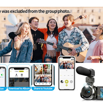 Group of friends posing with a smartphone, music video camera, and smartphone app interface.