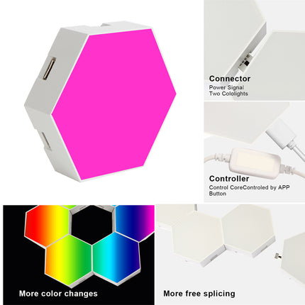 Hexagonal LED wall light panel shown on a white background with inset detail shots of the connector, controller, and a color-changing display graphic. Text on the image includes 'Connector', 'Controller', and 'More color changes'.