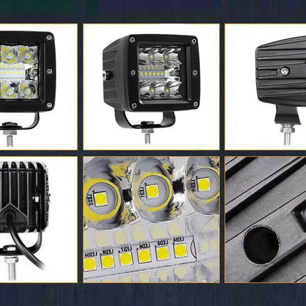 Collage of various LED work lights with close-up details on a dark background