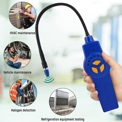 A blue handheld inspection tool with a flexible black probe is shown being held by a hand, with four circular inset photos demonstrating use in HVAC maintenance, vehicle maintenance, halogen detection, and refrigeration equipment testing.