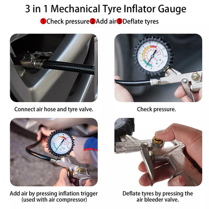 A 3-in-1 mechanical tyre inflator gauge infographic with four photos demonstrating how to connect the air hose and tyre valve, check pressure, add air, and deflate tyres. The title reads '3 in 1 Mechanical Tyre Inflator Gauge' with red icons for Check pressure, Add air, and Deflate tyres.