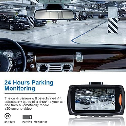 Car dashboard with a dash camera displaying parking monitoring footage, surrounded by a car park.