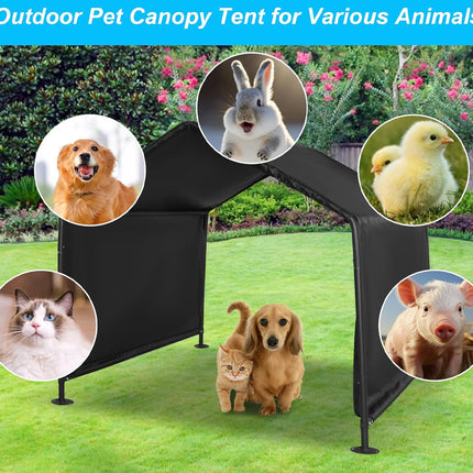 Outdoor pet canopy tent for various animals with images of dogs, cats, rabbits, chickens, and pigs on a grassy background.