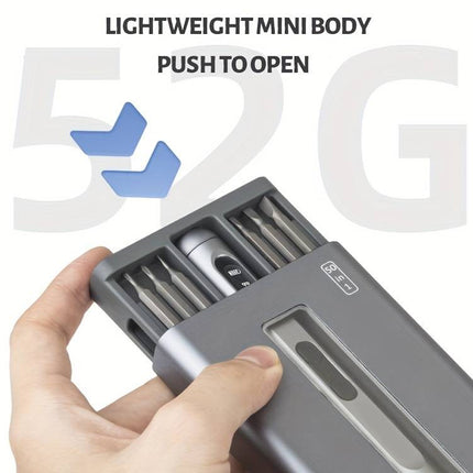 Hand holding a small tool case with screwdrivers, labeled 'LIGHTWEIGHT MINI BODY PUSH TO OPEN'.