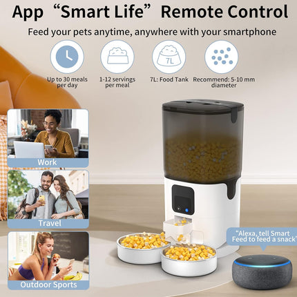 Smart pet feeder with remote control app features on a white background