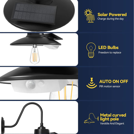 A product feature infographic for a solar-powered outdoor light. The left side shows close-up product views: a circular black solar panel on top, an LED bulb, a curved metal pole, and a light fixture head.