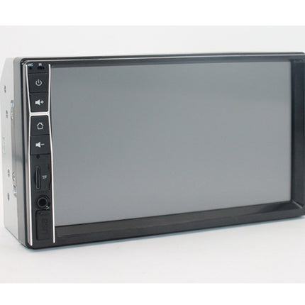 A car stereo head unit with a large touch screen display and physical control buttons on the left side, shown against a plain white background.