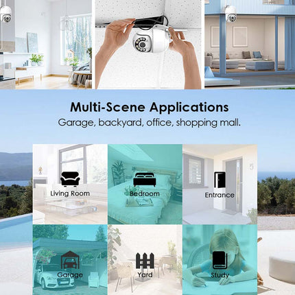 A promotional collage for a multi-scene security camera system. The top row shows three lifestyle application scenes: a security camera mounted on a wall in a modern kitchen, a pair of hands installing a white security camera on a wall, and a security camera mounted on a wall in a contemporary home.