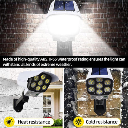 Solar-powered outdoor light with text highlighting its weather resistance features.