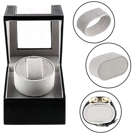 Black watch box with a white watch inside, surrounded by close-up insets of the watch.