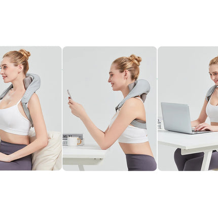 Woman using a neck and shoulder massager in different settings
