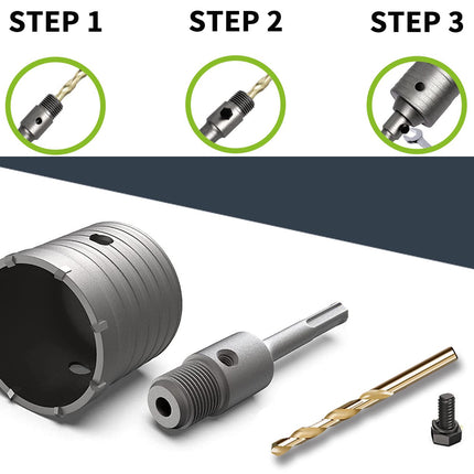 Step-by-step process of using a drill bit set on a white background