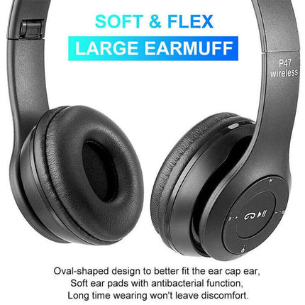 Black headphones with large earmuffs on a white background, featuring text about soft and flexible design.
