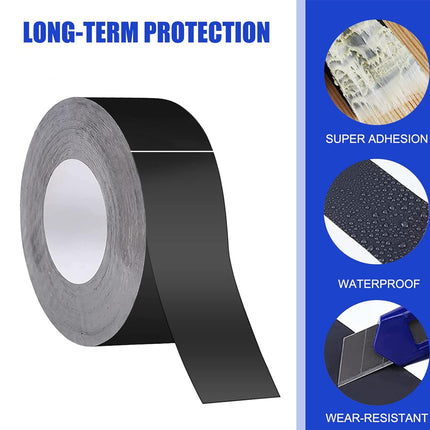 Roll of black tape with features listed on a blue background