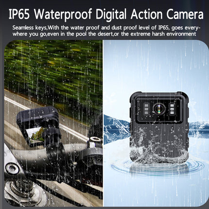 Waterproof digital action camera with text highlighting IP65 rating and durability.