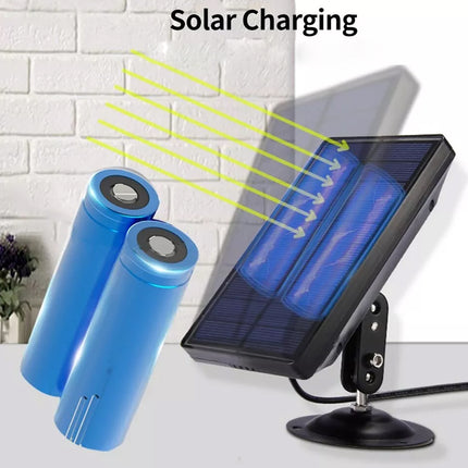 Solar panel charging two blue batteries with a white brick wall background