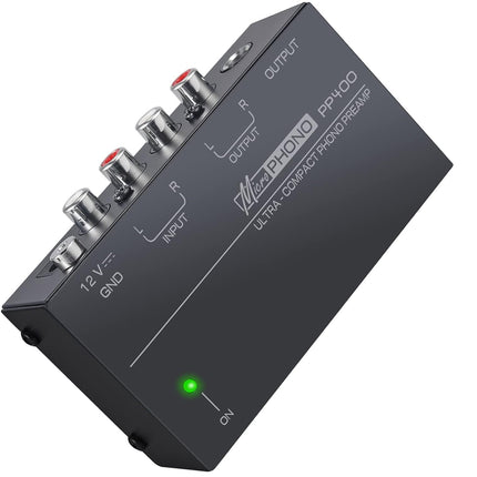 Black audio interface with labeled ports on a white background