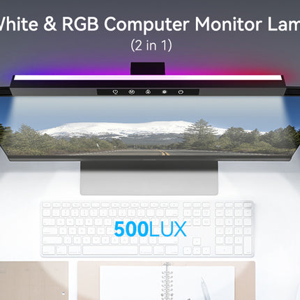 A 2-in-1 white and RGB computer monitor lamp shown above a monitor displaying a mountain landscape, with a keyboard and desk accessories below under a white spotlight. Text at the top reads 'White & RGB Computer Monitor Lamp (2 in 1)' and '500LUX' is highlighted in blue.