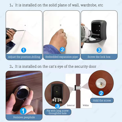 Instruction diagram showing how to install a smart lock on a solid wall or security door cat-eye, with numbered steps and small photos demonstrating drilling, screwing, and fitting.