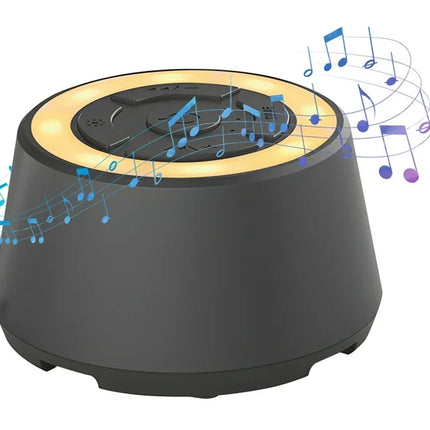 Black and gold speaker with music notes on a white background