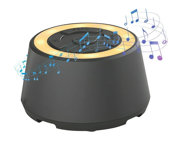 Black and gold speaker with music notes on a white background