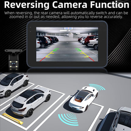 Car reversing camera system with screen displaying parking assistance on a road.