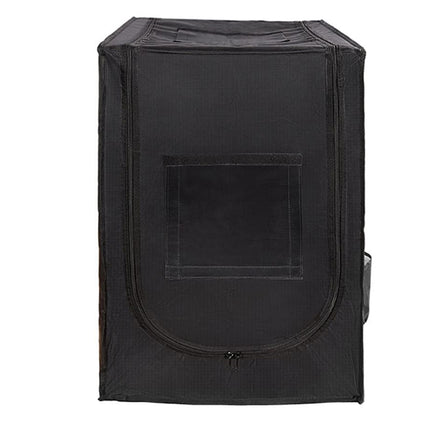 Black grow tent with a clear window on a white background