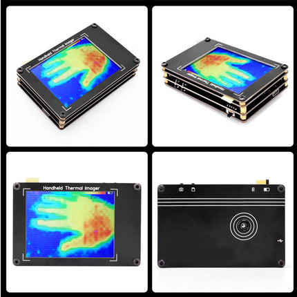 Handheld thermal imager with display showing thermal imaging of a hand in four different orientations.