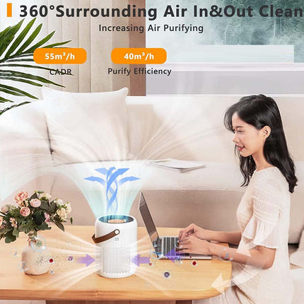 A woman sits at a wooden table using a laptop in a living room while a white air purifier projects blue airflow graphics to demonstrate cleaning. The image includes text overlays highlighting 360° air in and out cleaning, 55m³/h airflow, and 40m³/h purity efficiency.