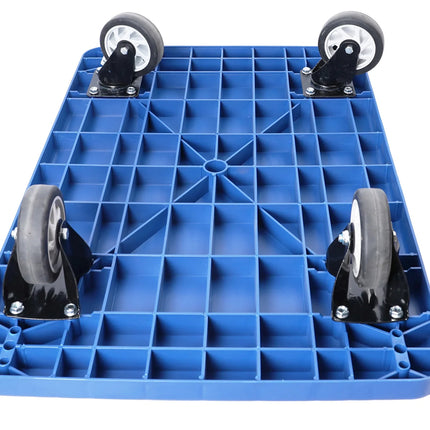 Blue plastic pallet with wheels on a white background