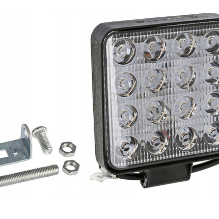 LED work light with mounting bracket and screws on a white background