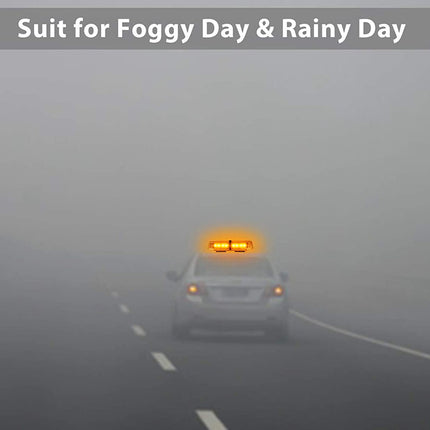 Car with a warning light on a foggy road with text 'Suit for Foggy Day & Rainy Day'.
