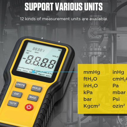 Yellow and black digital mercury barometer thermometer with a LCD screen, shown with a yellow information box displaying unit conversions and the text 'SUPPORT VARIOUS UNITS' on a gray industrial background.