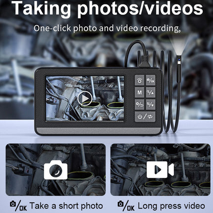 Digital camera with screen displaying a close-up of mechanical parts, with text about photo and video recording.