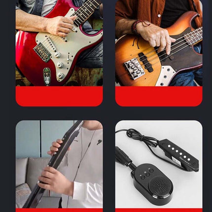 A four-panel collage showing a black guitar pickup and microphone preamp setup in use: a person playing a red electric guitar, a person playing a sunburst bass guitar, a person holding a black bass, and a close-up of the black pickup and speaker unit with cable on a white background.