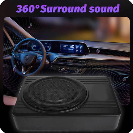 Car interior with a subwoofer and '360° Surround sound' text